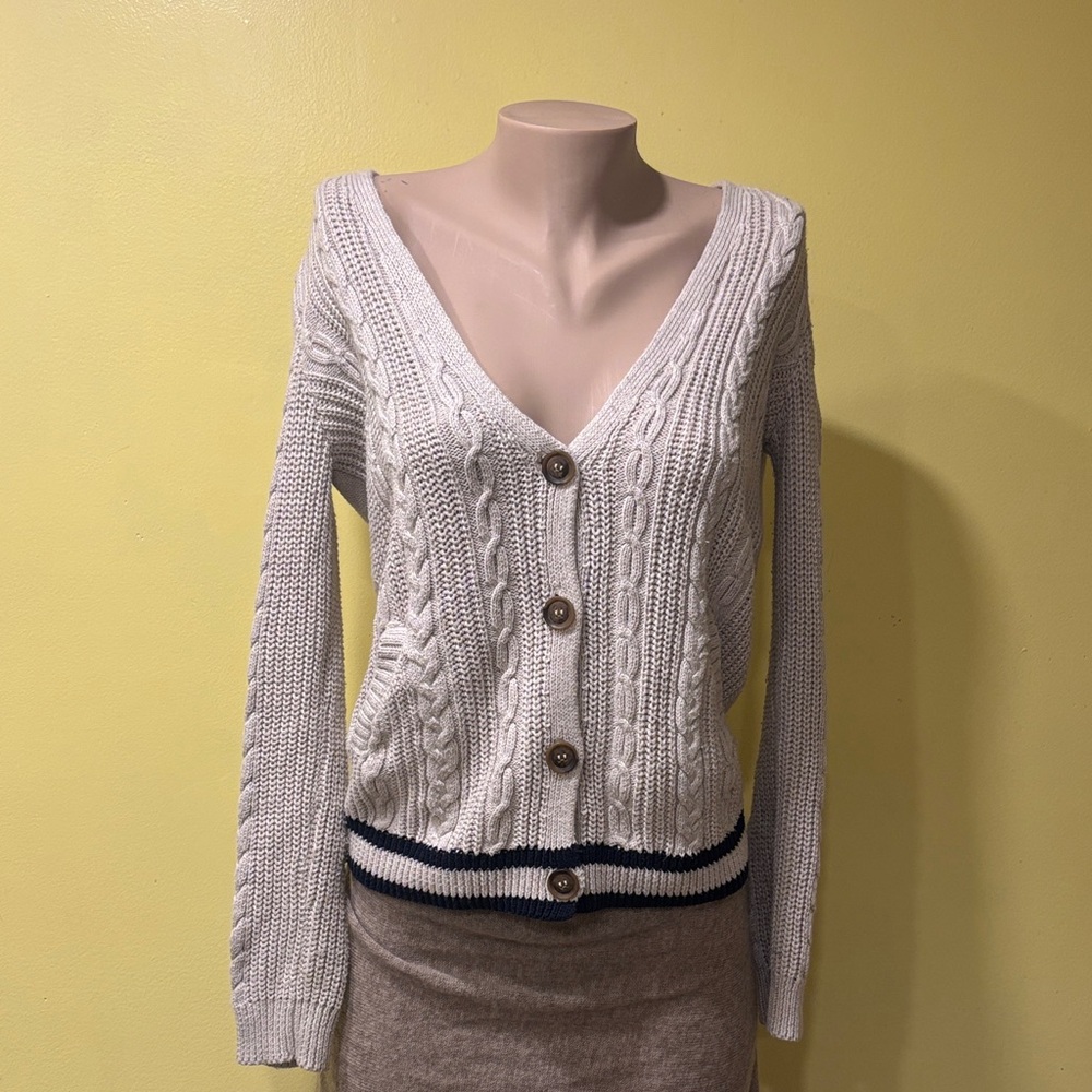 Cable Knit Cardigan with Navy Accents